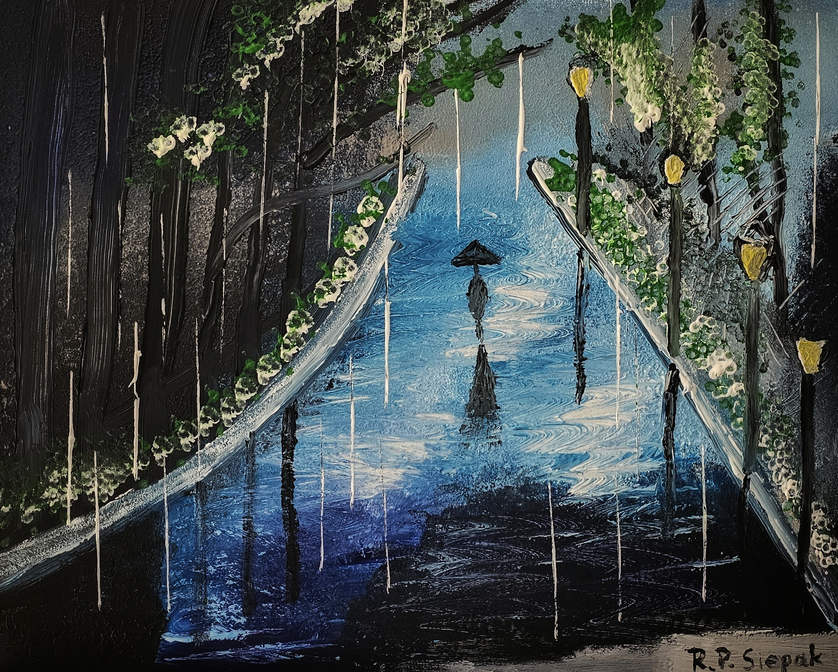 Raining Man Blue, Acrylic, artist: R. P. Siepak, produced: June 2024, as: Available for Acquiry, size: 50x40 cm, inspired by: Jay Lee