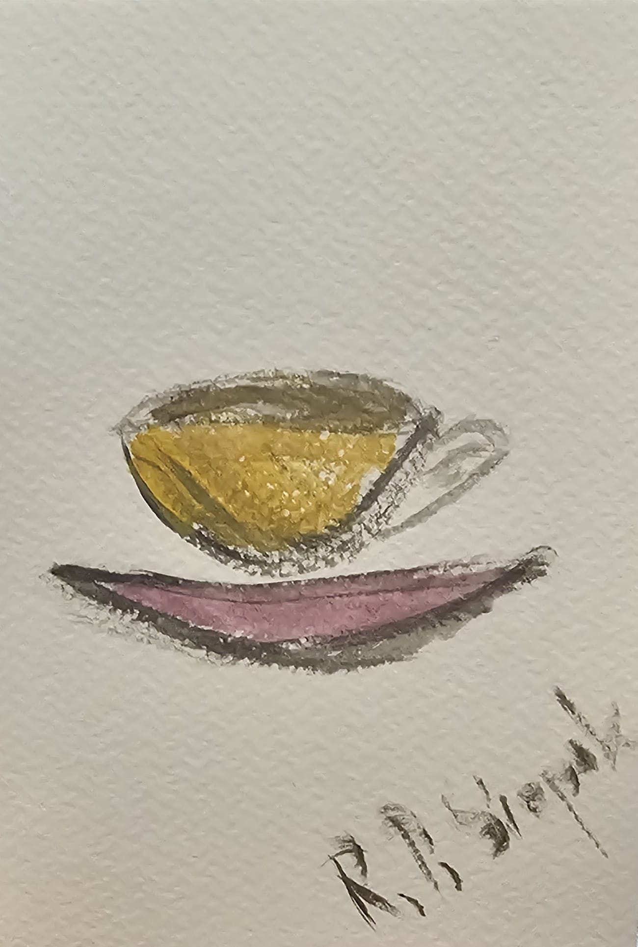 Coffee, Tea or Water?, Watercolor, artist: R. P. Siepak, produced: April 2025, acquired by: Anna, location: Poland, as: Gift, size: 10x15 cm