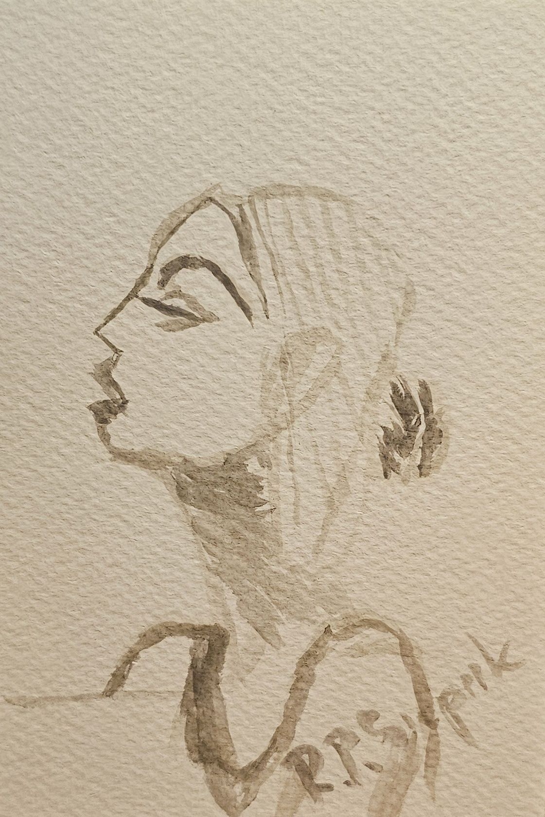 Lady in the Beauty Parlour, Watercolor, artist: R. P. Siepak, produced: April 2025, acquired by: Anna, location: Poland, as: Gift, size: 10x15 cm